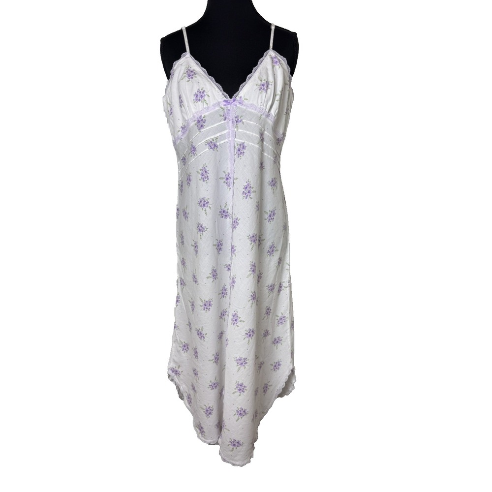 Vtg Carole Hochman Small‎ Lavender Floral Cotton Nightgown Lace Trim V-Neck 90s